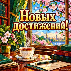 День сотрудников военных комиссариатов — открытка «Новых достижений!» с чашкой чая и цветущей вишней за окном