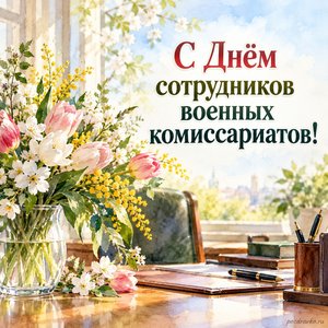 День сотрудников военных комиссариатов — открытка «С Днём сотрудников военных комиссариатов!» с весенним букетом на рабочем столе