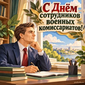 День сотрудников военных комиссариатов — открытка «С Днём сотрудников военных комиссариатов!» с сотрудником в деловом костюме у открытого окна