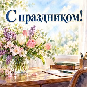 День сотрудников военных комиссариатов — открытка «С праздником!» с весенним букетом на рабочем столе