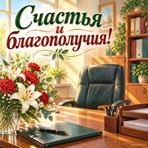 День сотрудников военных комиссариатов — открытка «Счастья и благополучия!» с аккуратным кабинетом в тёплом солнечном свете