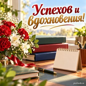 День сотрудников военных комиссариатов — открытка «Успехов и вдохновения!» с папками без букв и настольным календарём без дат