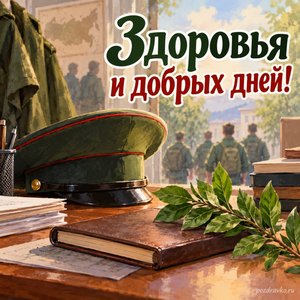День сотрудников военных комиссариатов — открытка «Здоровья и добрых дней!» с зелёной веточкой и закрытым блокнотом