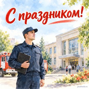 День Госпожнадзора — открытка «С праздником!» с инспектором в нейтральной форме у общественного здания День Госпожнадзора — открытка «С праздником!» с инспектором в нейтральной форме у общественного здания