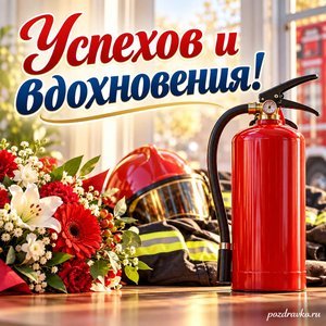 День Госпожнадзора — открытка «Успехов и вдохновения!» с огнетушителем в светлом помещении День Госпожнадзора — открытка «Успехов и вдохновения!» с огнетушителем в светлом помещении