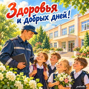 День Госпожнадзора — открытка «Здоровья и добрых дней!» с безопасной школой в солнечный день День Госпожнадзора — открытка «Здоровья и добрых дней!» с безопасной школой в солнечный день