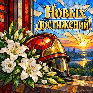 День Госпожнадзора — открытка «Новых достижений!» с каской и букетом белых цветов День Госпожнадзора — открытка «Новых достижений!» с каской и букетом белых цветов
