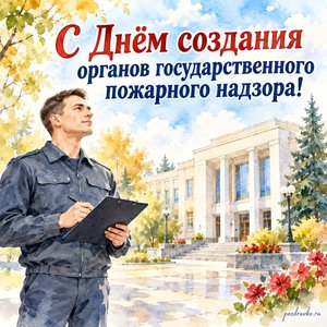 День Госпожнадзора — открытка «С Днём создания органов государственного пожарного надзора!» с инспектором в нейтральной форме у общественного здания День Госпожнадзора — открытка «С Днём создания органов государственного пожарного надзора!» с инспектором в нейтральной форме у общественного здания