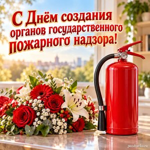 День Госпожнадзора — открытка «С Днём создания органов государственного пожарного надзора!» с огнетушителем в светлом помещении День Госпожнадзора — открытка «С Днём создания органов государственного пожарного надзора!» с огнетушителем в светлом помещении