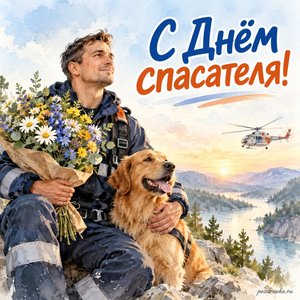 День спасателя — открытка «С Днём спасателя!» со спасателем в нейтральной форме и букетом