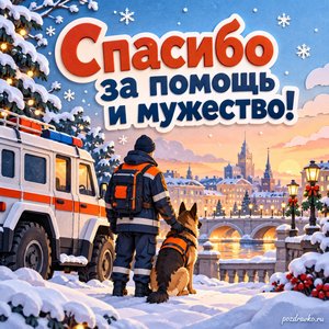 День спасателя — открытка «Спасибо за помощь и мужество!» с спасательным автомобилем без букв у зимнего города