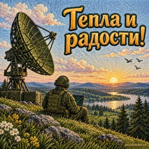 День специалиста РЭБ — открытка «Тепла и радости!» с антенной на спокойном зелёном холме День специалиста РЭБ — открытка «Тепла и радости!» с антенной на спокойном зелёном холме
