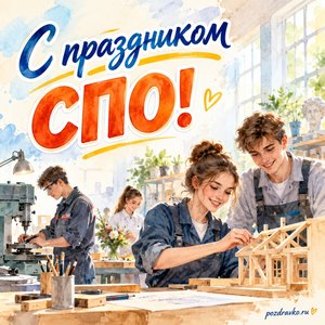 День среднего профессионального образования — открытка «С праздником СПО!» со студентами в светлой учебной мастерской