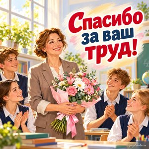 День среднего профессионального образования — открытка «Спасибо за ваш труд!» с преподавателем в светлом кабинете