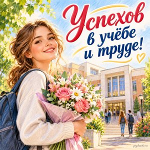 День среднего профессионального образования — открытка «Успехов в учёбе и труде!» с студенткой и букетом у колледжа
