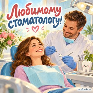 День стоматолога — открытка «Любимому стоматологу!» со стоматологом и улыбающейся пациенткой