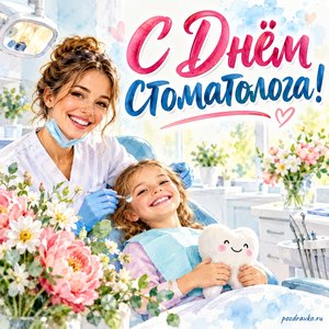 День стоматолога — открытка «С Днём стоматолога!» со стоматологом в светлом кабинете и цветами