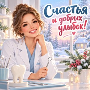 День стоматолога — открытка «Счастья и добрых улыбок!» с улыбающейся женщиной-врачом у зимнего окна