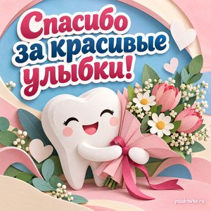 День стоматолога — открытка «Спасибо за красивые улыбки!» с маленькой моделью зуба и нежным букетом