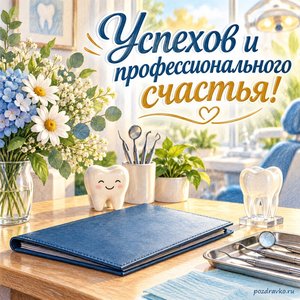 День стоматолога — открытка «Успехов и профессионального счастья!» с рабочим столом и закрытой папкой