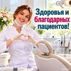 День стоматолога — открытка «Здоровья и благодарных пациентов!» с врачом у нейтрального стоматологического кресла