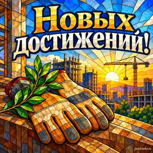 День строителя — открытка «Новых достижений!» с рабочими перчатками и веточкой зелени