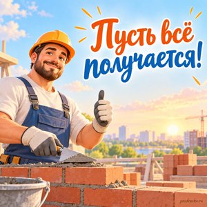 День строителя — открытка «Пусть всё получается!» с мастером у кирпичной кладки