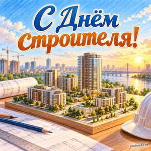 День строителя — открытка «С Днём строителя!» с архитектурным макетом без текста
