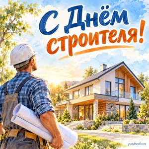 День строителя — открытка «С Днём строителя!» с строителем в каске у нового дома