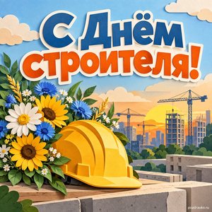 День строителя — открытка «С Днём строителя!» с защитной каской и букетом летних цветов