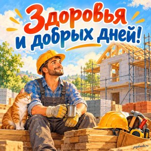 День строителя — открытка «Здоровья и добрых дней!» с безопасной строительной площадкой