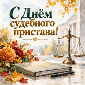 День судебного пристава — открытка «С Днём судебного пристава!» с нейтральной папкой, весами правосудия и осенними цветами