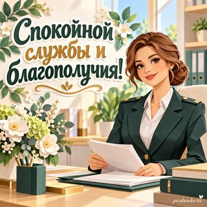 День судебного пристава — открытка «Спокойной службы и благополучия!» с сотрудницей в деловом костюме у рабочего стола