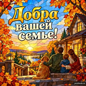 День Сухопутных войск — открытка «Добра вашей семье!» с семейным домом и золотыми деревьями