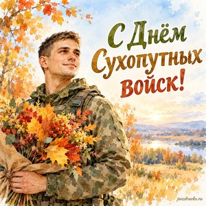 День Сухопутных войск — открытка «С Днём Сухопутных войск!» с военнослужащим в нейтральной форме и осенним букетом