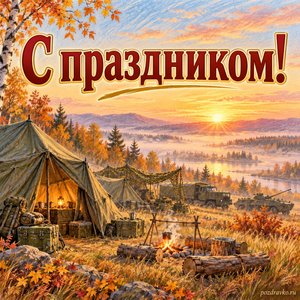 День Сухопутных войск — открытка «С праздником!» с осенним рассветом над полевым лагерем