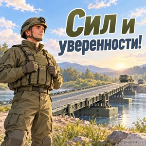 День Сухопутных войск — открытка «Сил и уверенности!» с военным инженером у учебного моста