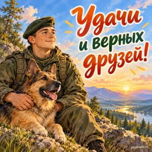 День Сухопутных войск — открытка «Удачи и верных друзей!» с нейтральной формой и беретом без эмблем