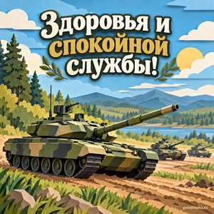 День Сухопутных войск — открытка «Здоровья и спокойной службы!» с учебной бронетехникой без символов на спокойном полигоне