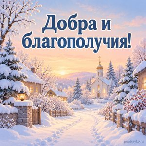 День святителя Николая Чудотворца — открытка «Добра и благополучия!» с заснеженной аллеей к небольшому храму