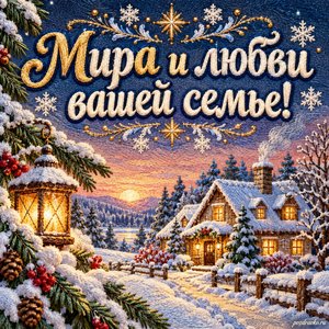 День святителя Николая Чудотворца — открытка «Мира и любви вашей семье!» с семейным домом среди зимних деревьев