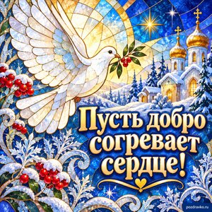 День святителя Николая Чудотворца — открытка «Пусть добро согревает сердце!» с голубем и нежными морозными узорами