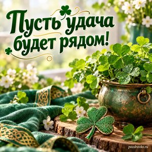 День святого Патрика — открытка «Пусть удача будет рядом!» с зелёным праздничным натюрмортом и клевером без напитков День святого Патрика — открытка «Пусть удача будет рядом!» с зелёным праздничным натюрмортом и клевером без напитков