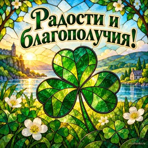 День святого Патрика — открытка «Радости и благополучия!» с витражным клевером на весеннем фоне День святого Патрика — открытка «Радости и благополучия!» с витражным клевером на весеннем фоне