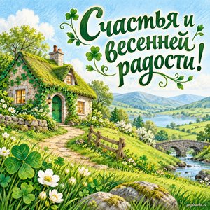 День святого Патрика — открытка «Счастья и весенней радости!» с маленьким сказочным домиком на зелёном холме День святого Патрика — открытка «Счастья и весенней радости!» с маленьким сказочным домиком на зелёном холме