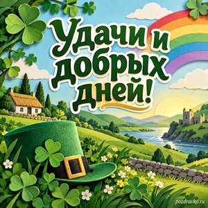 День святого Патрика — открытка «Удачи и добрых дней!» с бумажными зелёными холмами и радугой День святого Патрика — открытка «Удачи и добрых дней!» с бумажными зелёными холмами и радугой