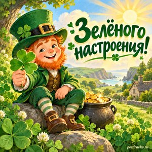 День святого Патрика — открытка «Зелёного настроения!» с клевером и солнечными лучами День святого Патрика — открытка «Зелёного настроения!» с клевером и солнечными лучами