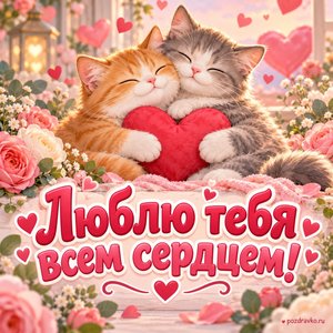 День святого Валентина — открытка «Люблю тебя всем сердцем!» с милыми котами и нежными цветами