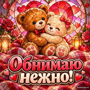 День святого Валентина — открытка «Обнимаю нежно!» с двумя плюшевыми мишками на мягком пледе