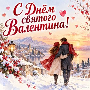 День святого Валентина — открытка «С Днём святого Валентина!» с парой на красивой зимней прогулке